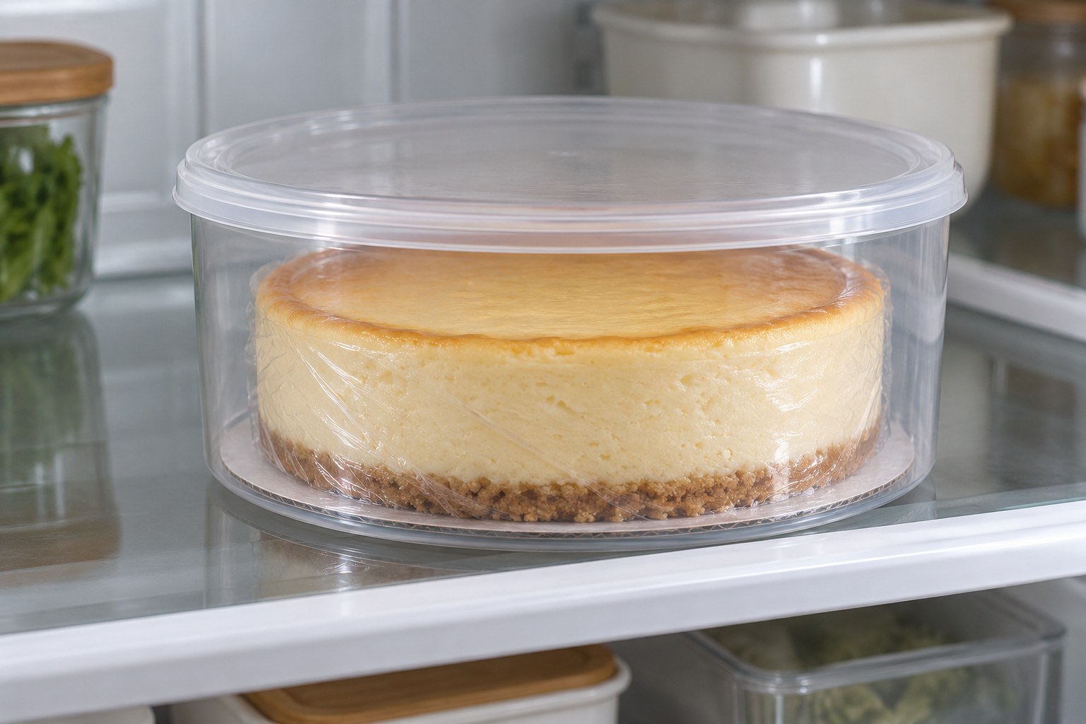 Plain baked cheesecake protected in a rigid freezer container