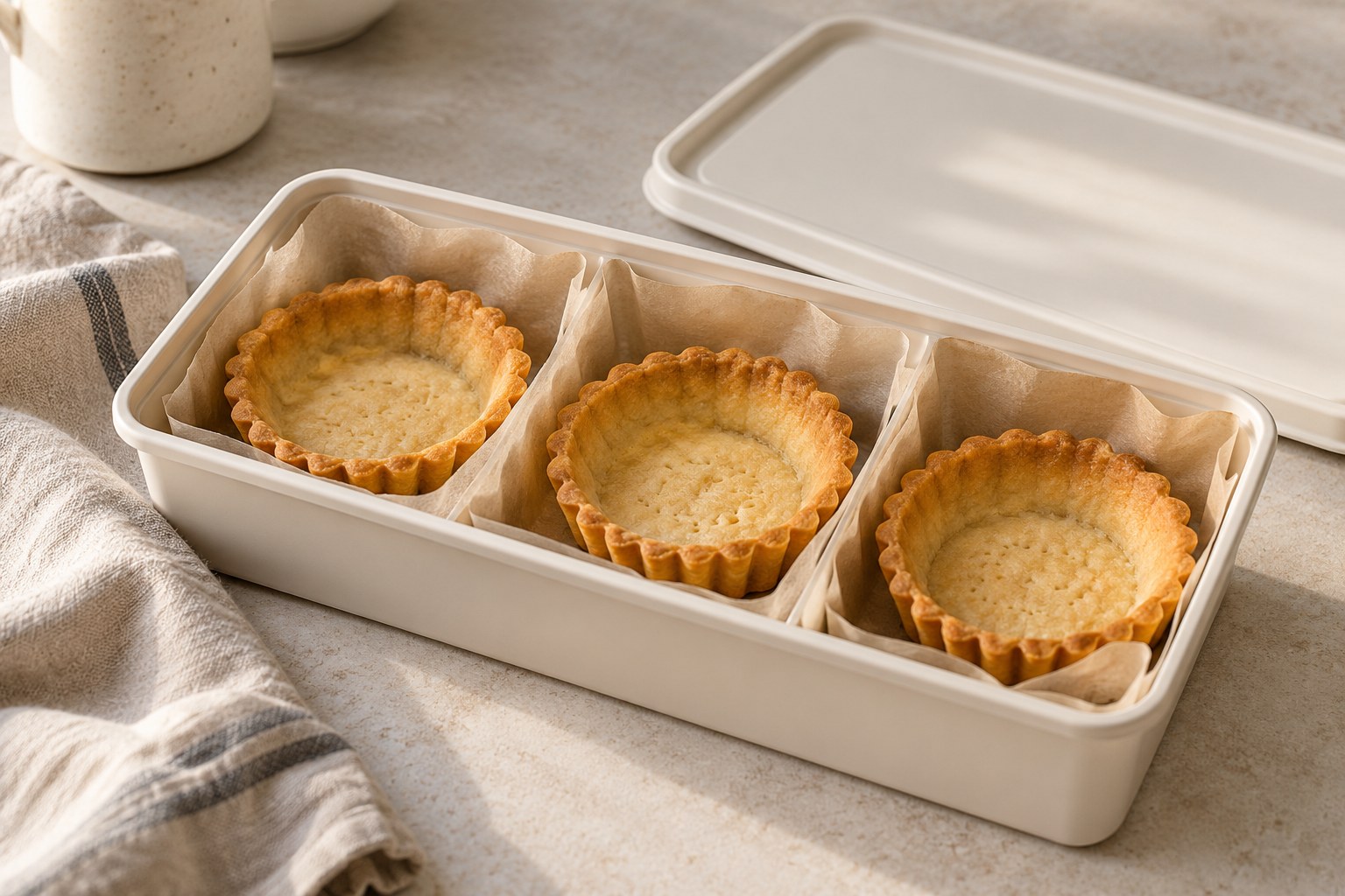 Empty tart shells packed separately from fillings