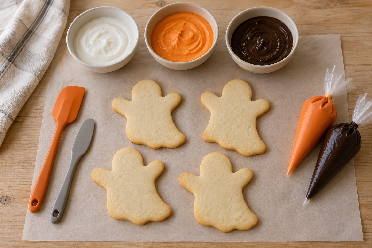 Cooled Halloween cookies beside small bowls of icing at a decorating station