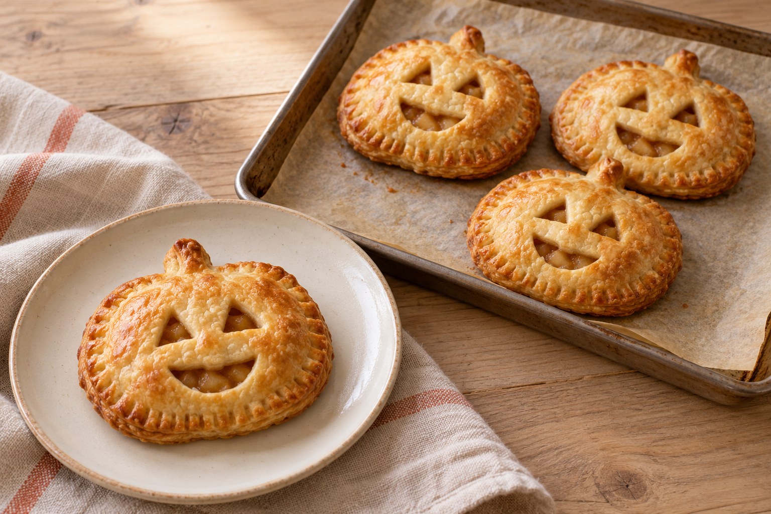 Golden fruit-filled hand pies with jack-o’-lantern cutout faces