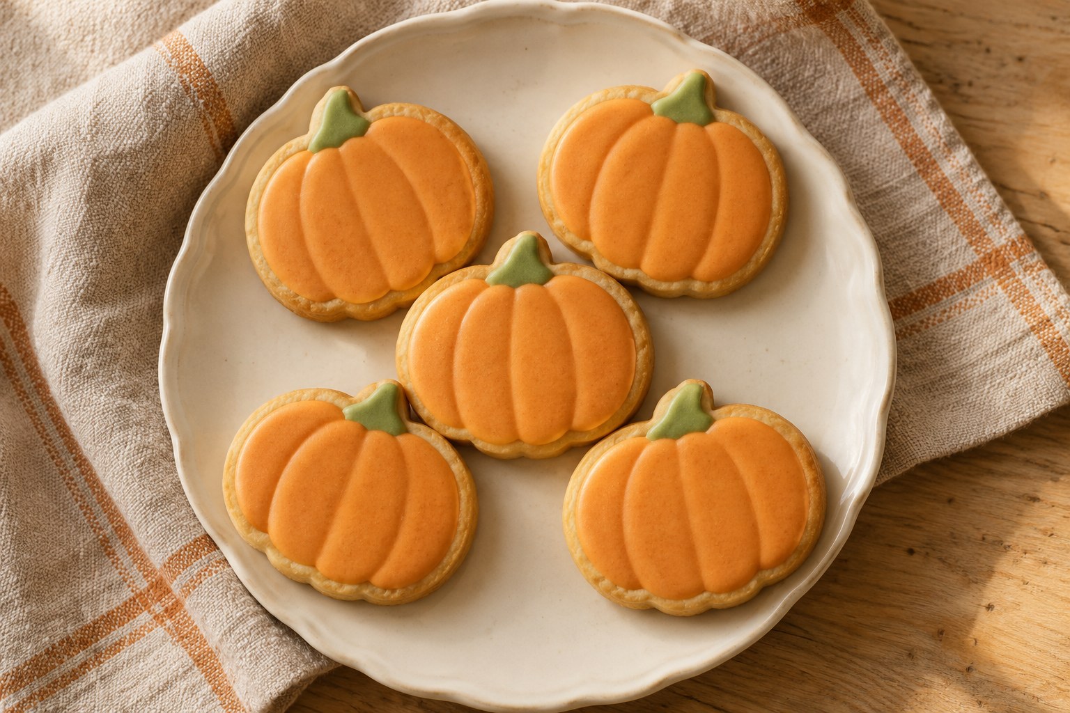 Pumpkin-shaped shortbread with thin orange icing and green stem details