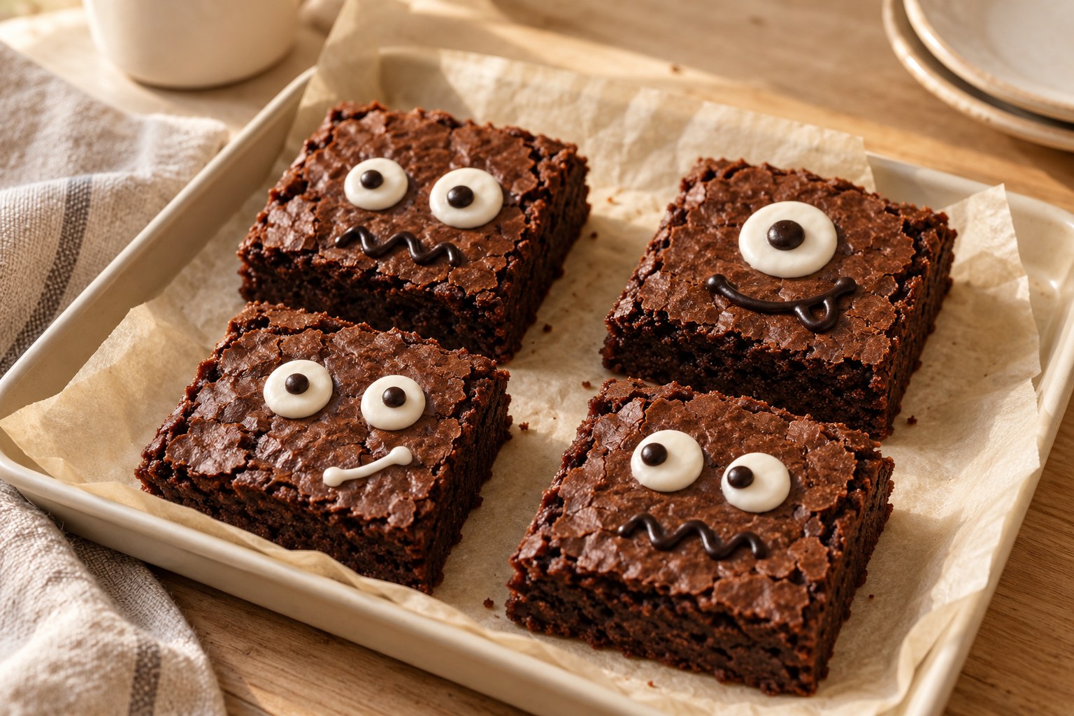 Brownie squares with playful faces made from soft icing