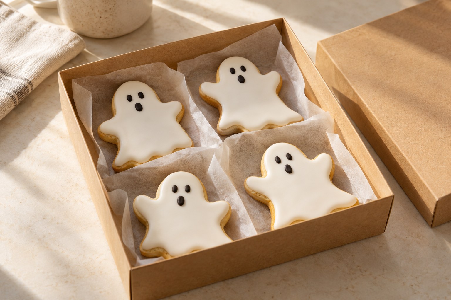 Iced Halloween cookies protected in a shallow parchment-lined bakery box