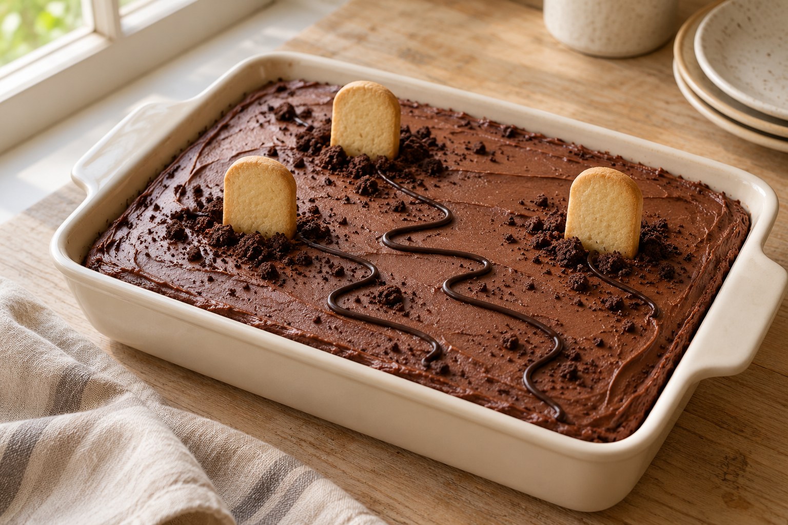 Chocolate traybake decorated with simple biscuit tombstones and piped paths