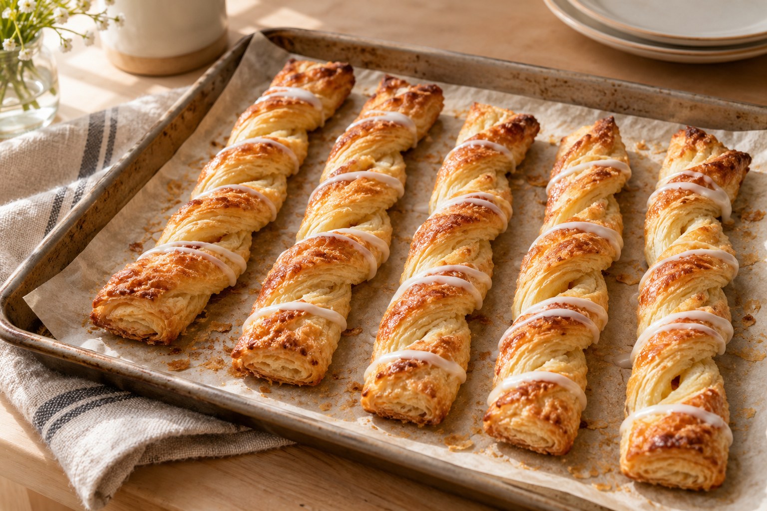 Golden puff pastry twists with thin white icing lines