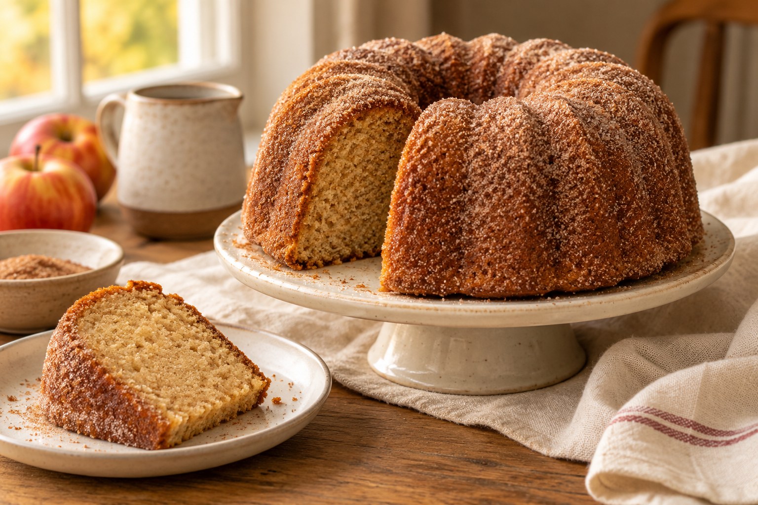 Cinnamon-sugar apple cider Bundt cake with a sliced portion