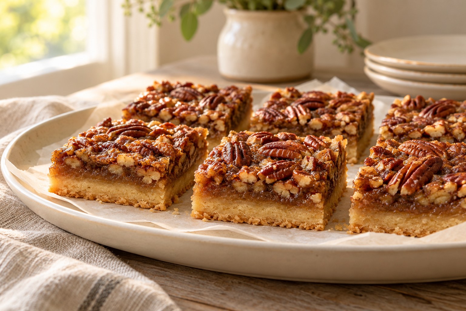 Maple pecan bars with a firm golden base and set nut topping