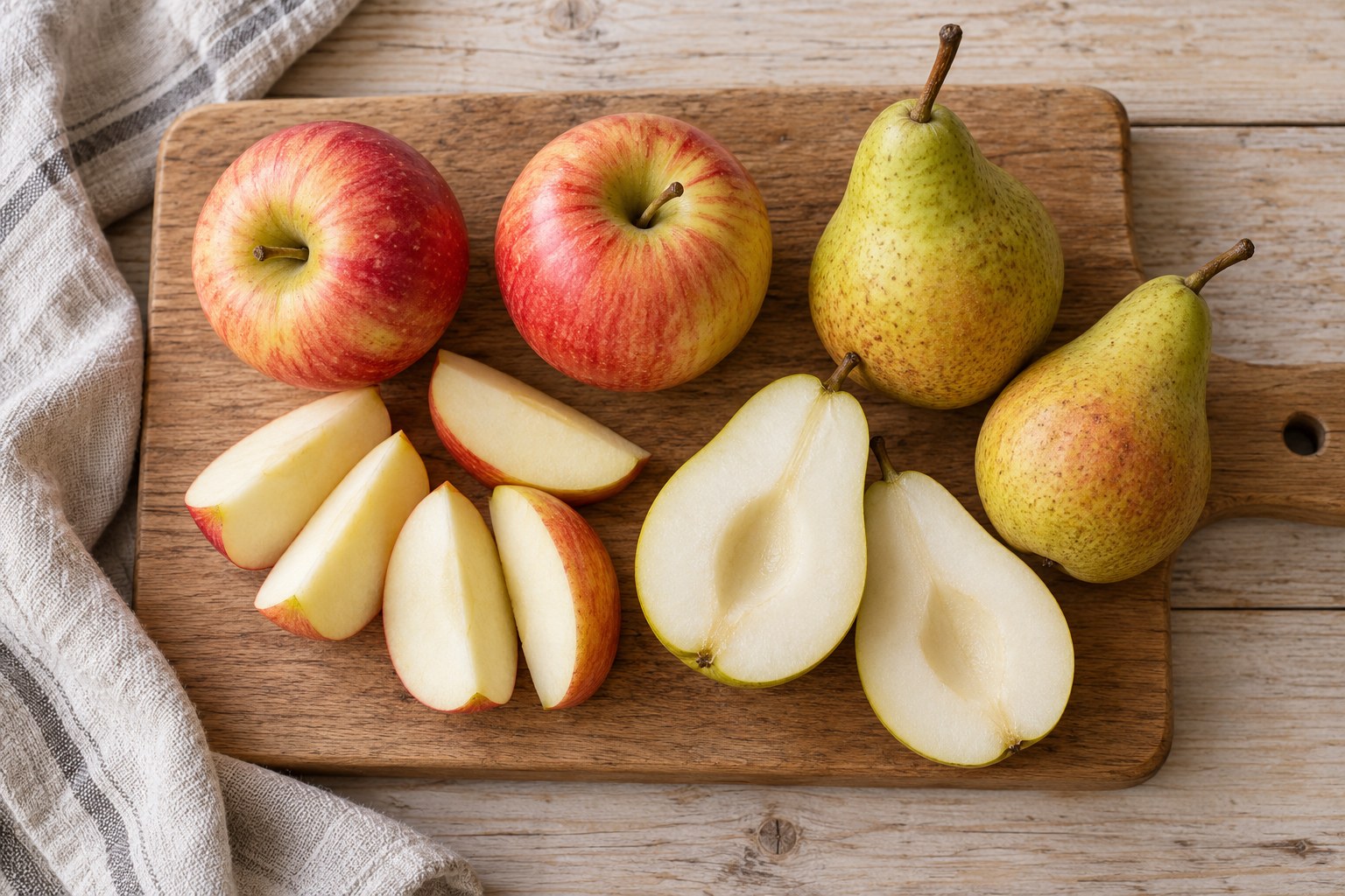 Fresh apples and pears beside evenly cut fruit on a wooden board