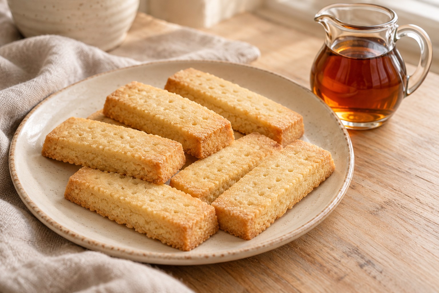 Golden shortbread biscuits beside a small jug of maple syrup