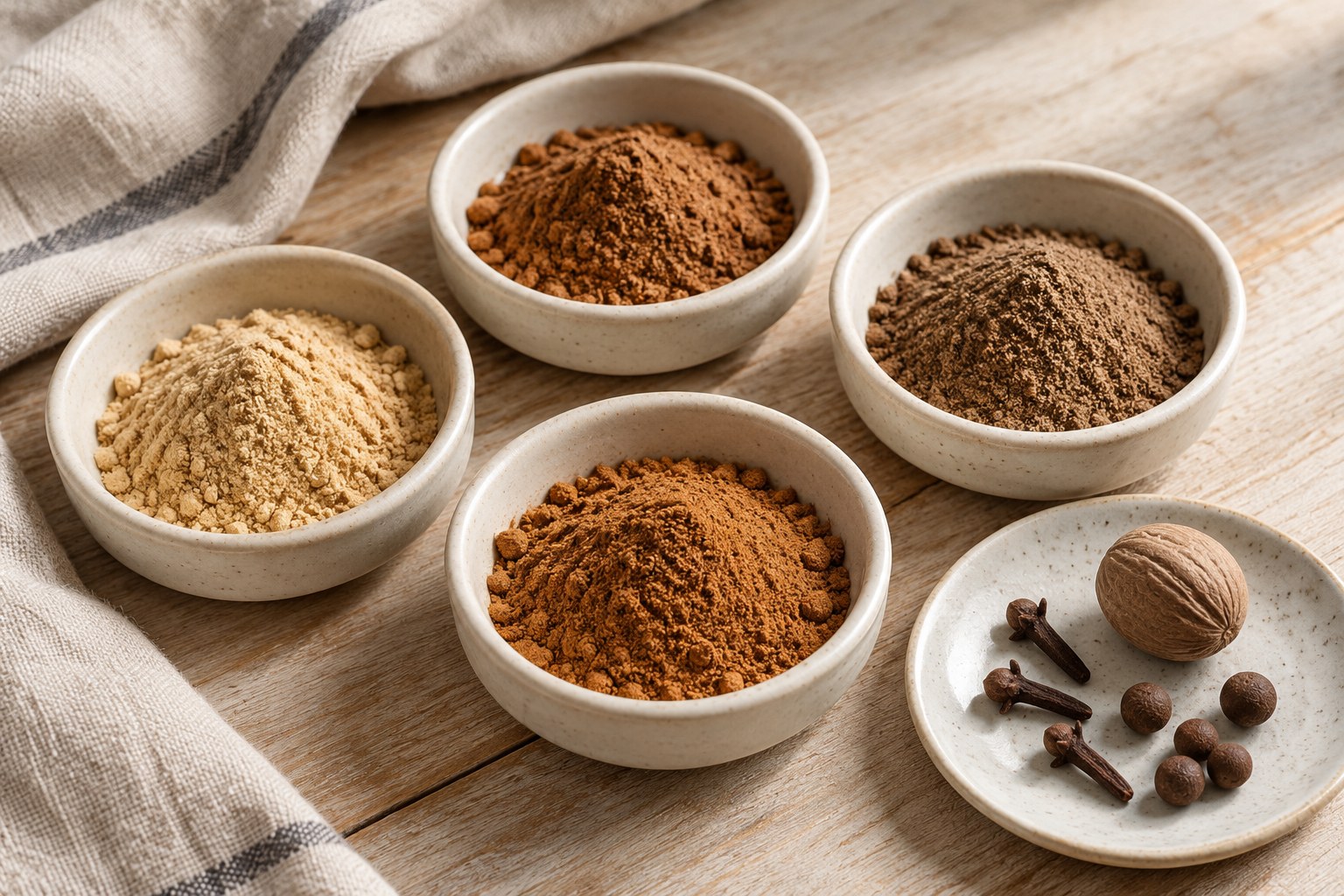 Small bowls of ground ginger, nutmeg, cloves and allspice for baking