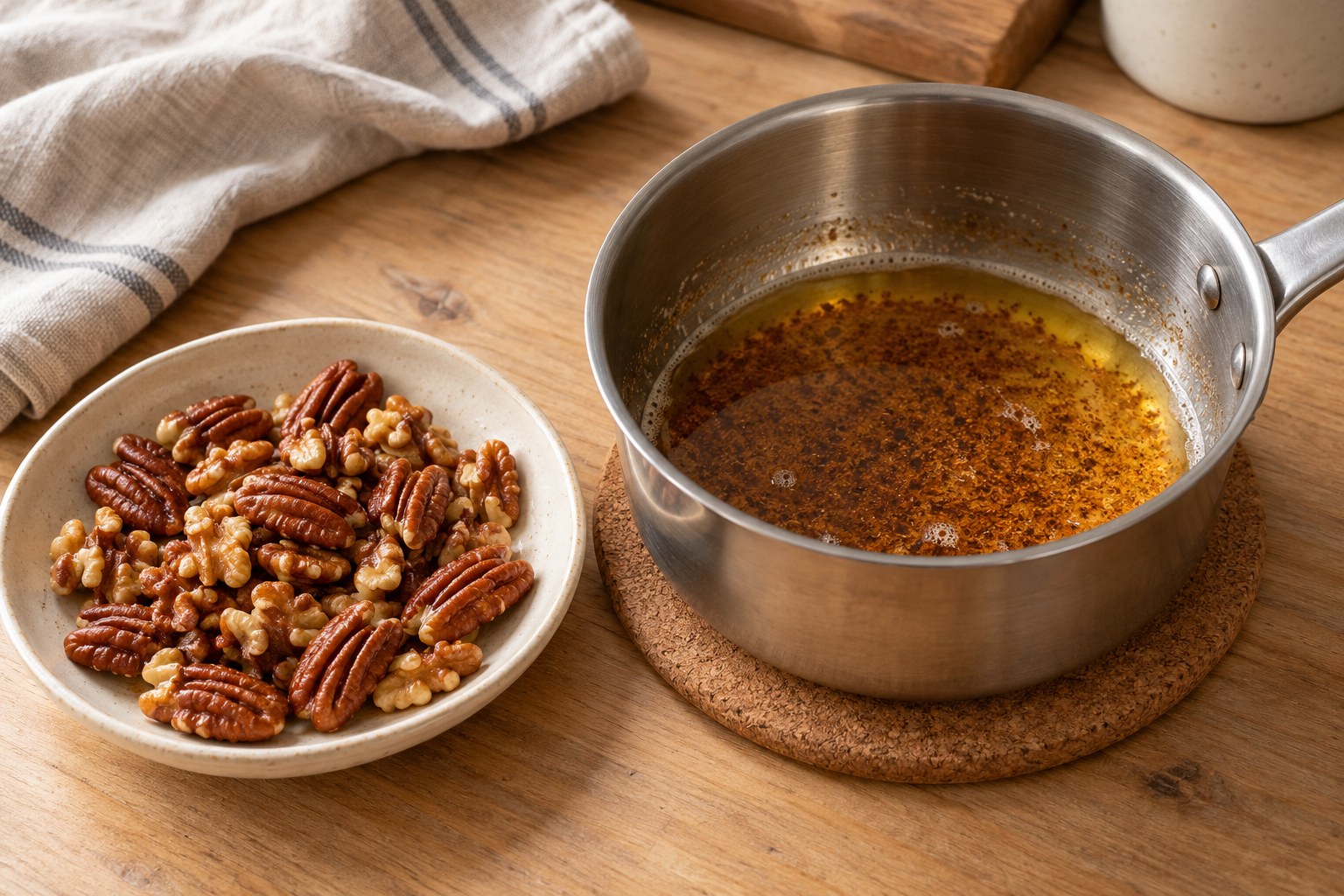 Amber brown butter with browned milk solids beside toasted pecans and walnuts