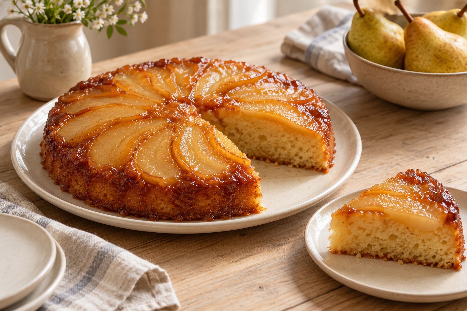 Pear upside-down cake with neatly arranged baked pear slices