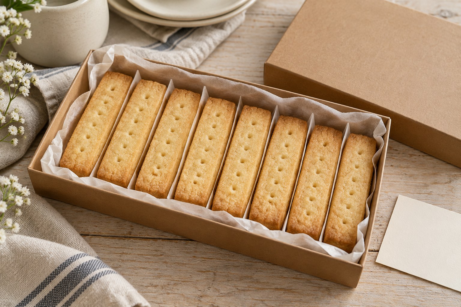 Cooled shortbread packed in a parchment-lined gift box