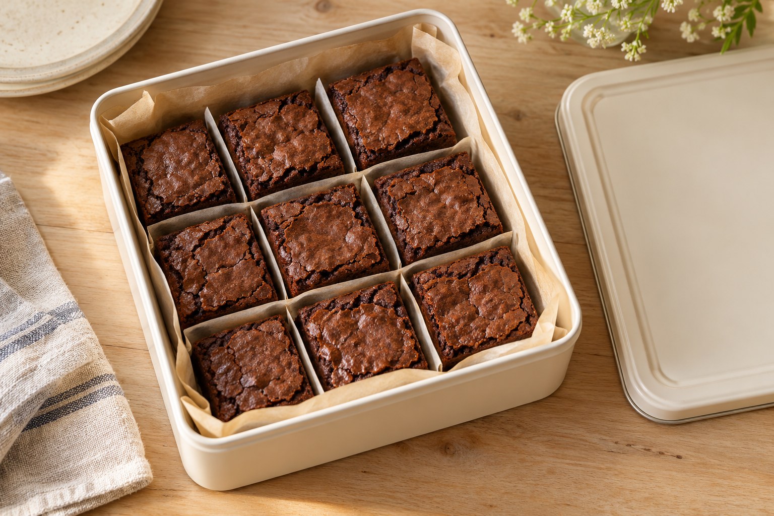 Brownie squares packed in a rigid container with parchment dividers