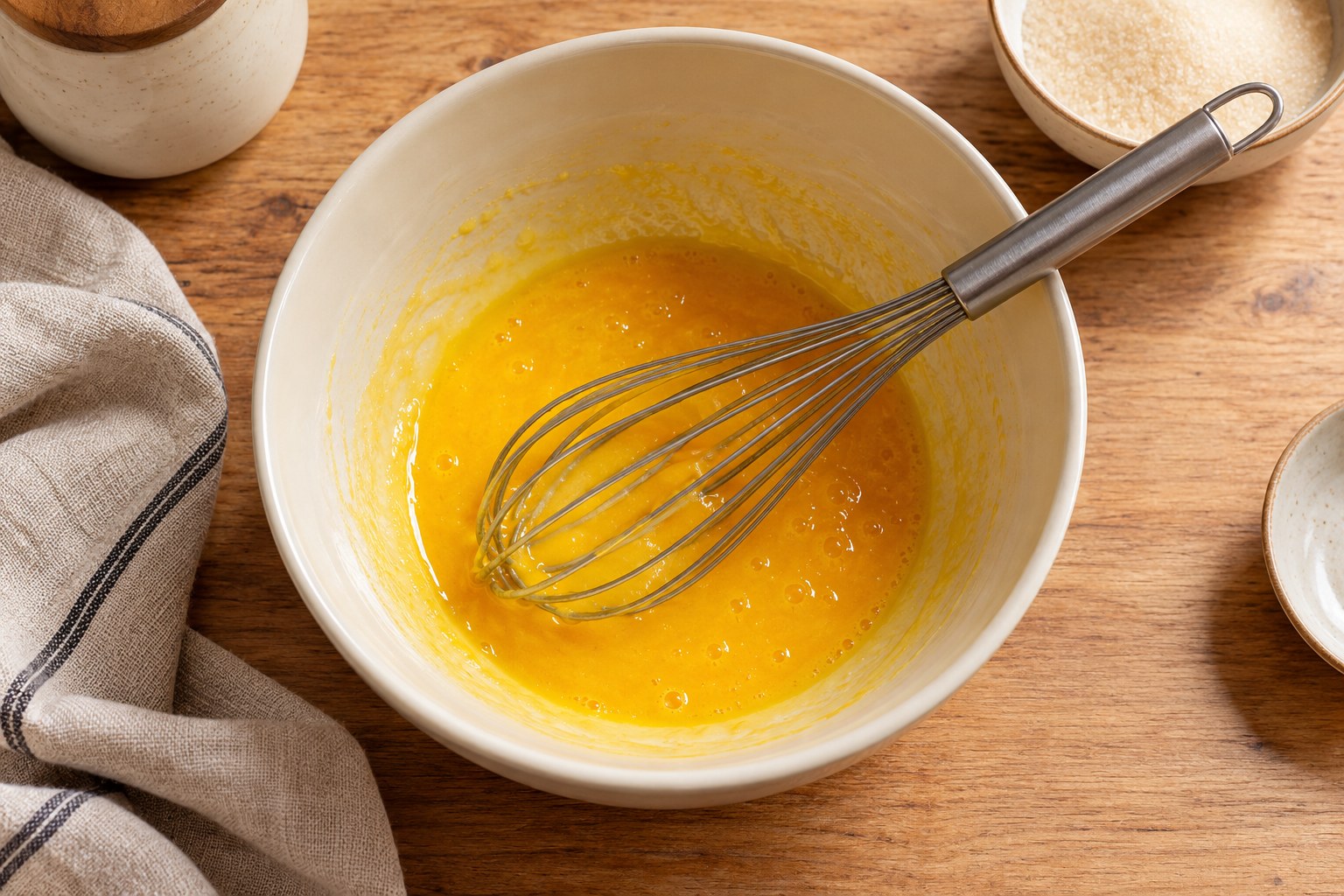 Smooth egg-yolk and sugar mixture with a whisk resting in the bowl