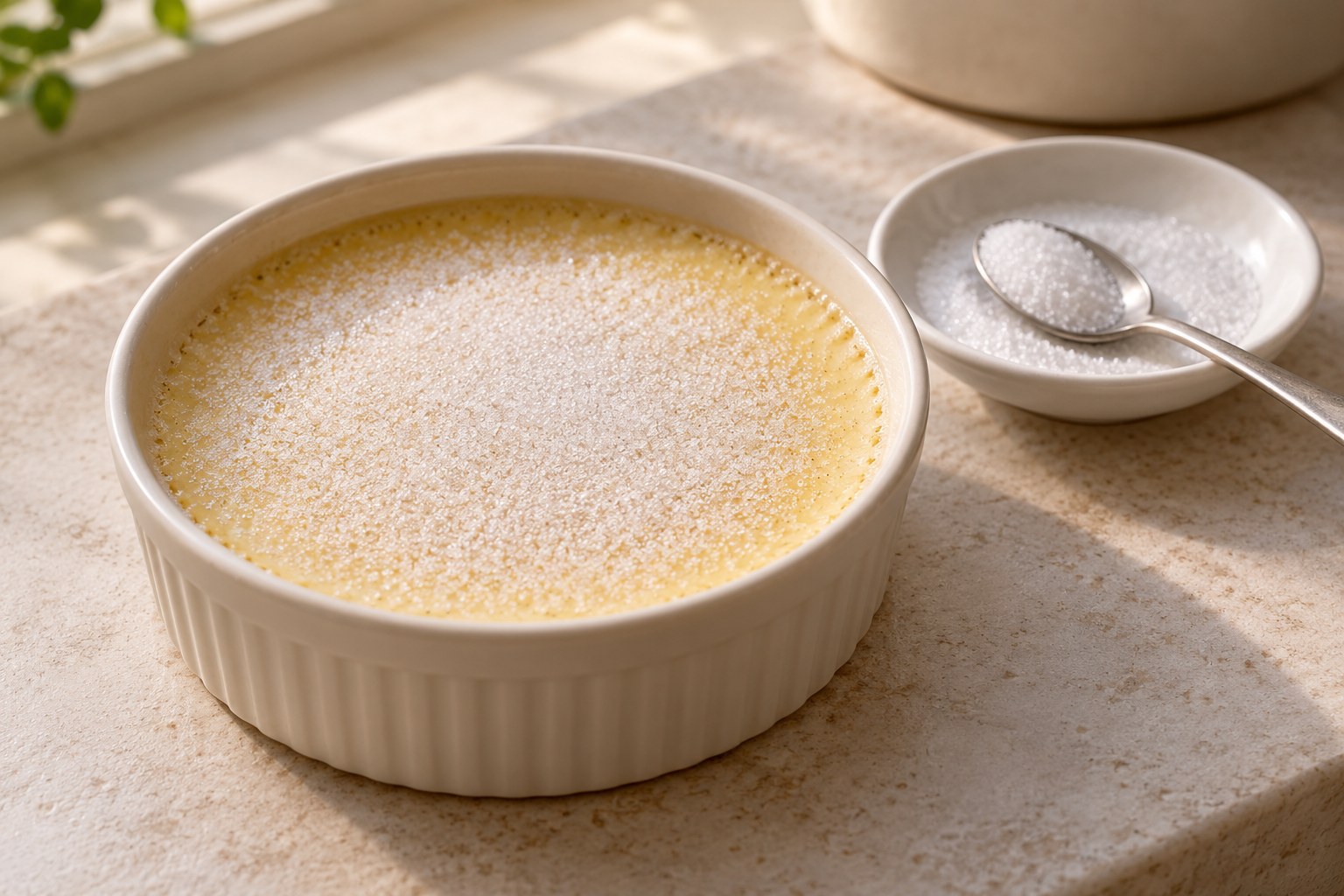Chilled custard topped with a thin even layer of fine white sugar before caramelizing