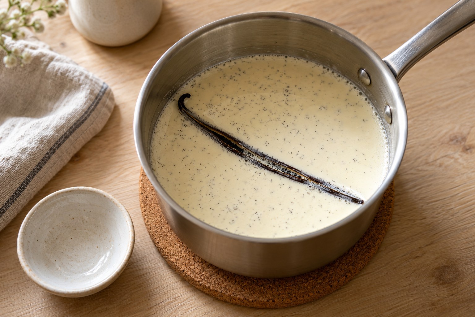 Cream with a split vanilla bean and tiny vanilla seeds in a saucepan