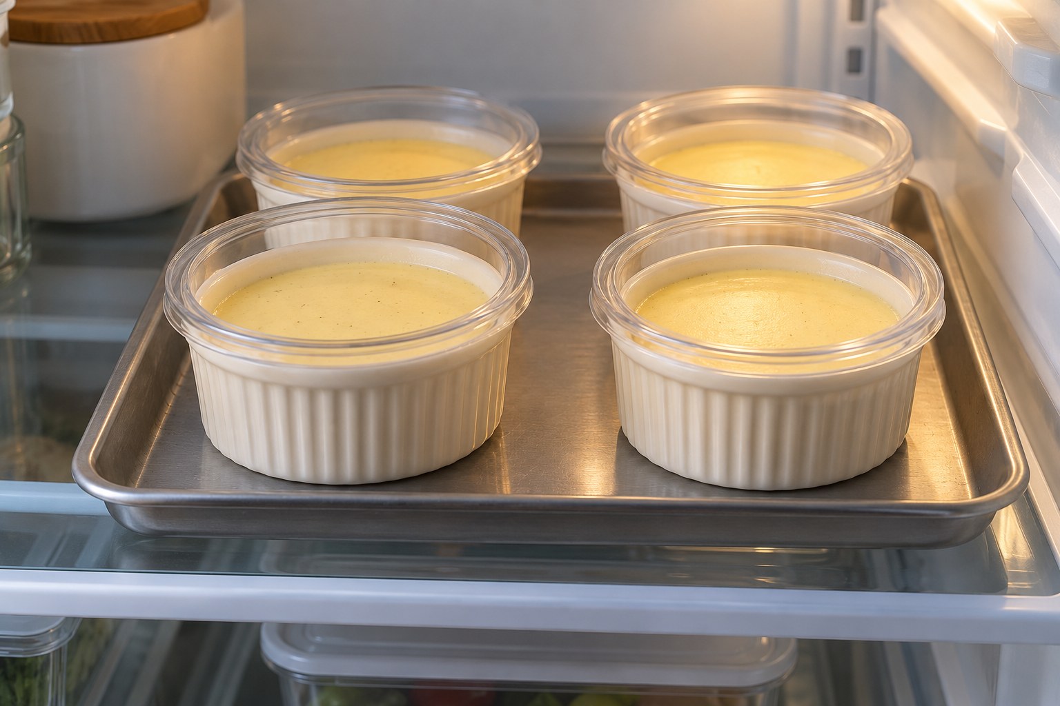 Plain baked vanilla custards chilling on a refrigerator shelf