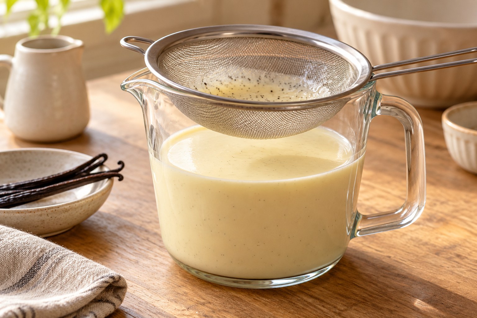 Fine-mesh sieve resting over a jug of smooth liquid custard