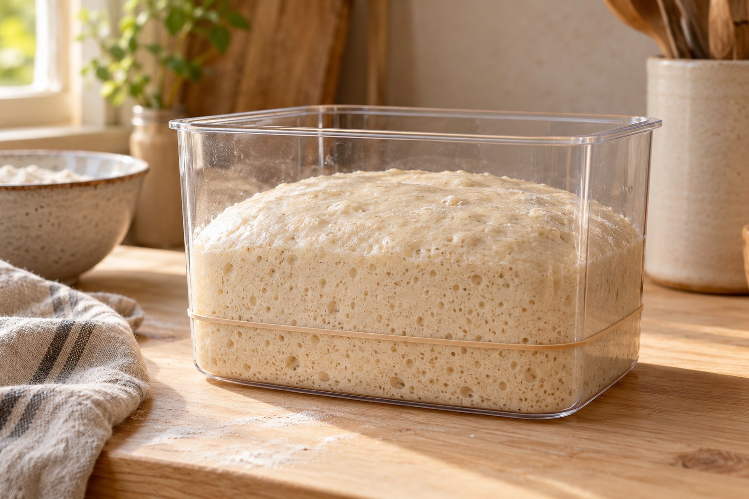 Aerated sourdough dough rising in a clear container