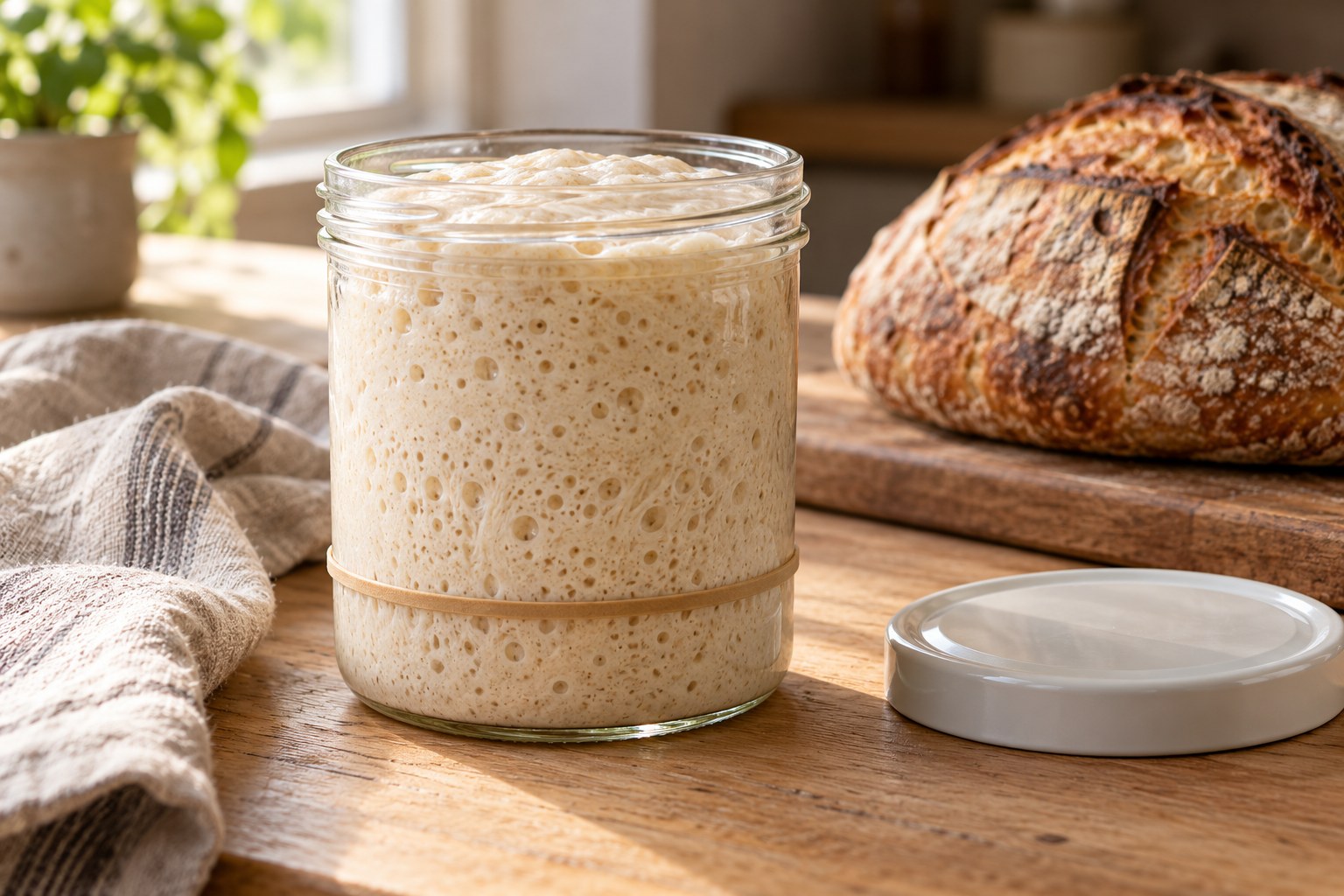 Aerated sourdough starter in a clear jar with an elastic marking its earlier level