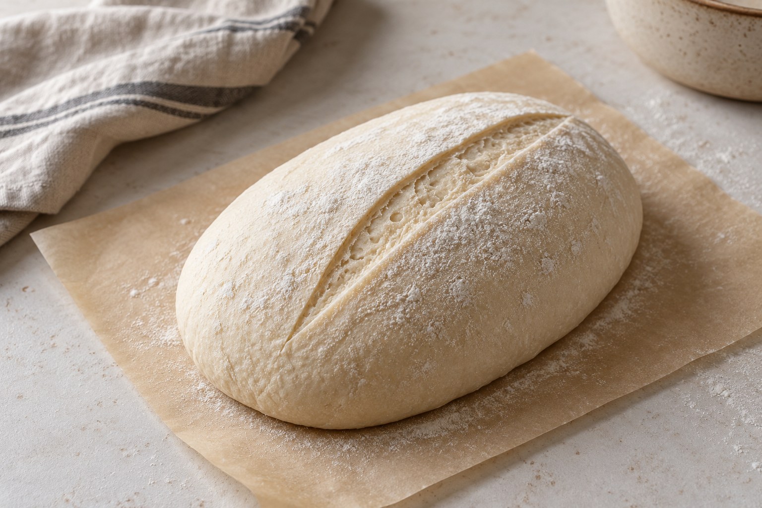 Cold shaped sourdough with a single shallow score on parchment before baking