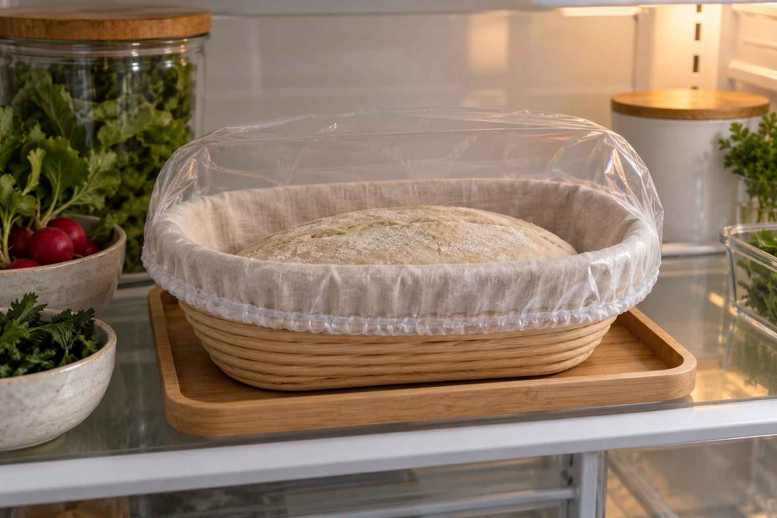 Shaped sourdough covered in a linen-lined proofing basket on a refrigerator shelf