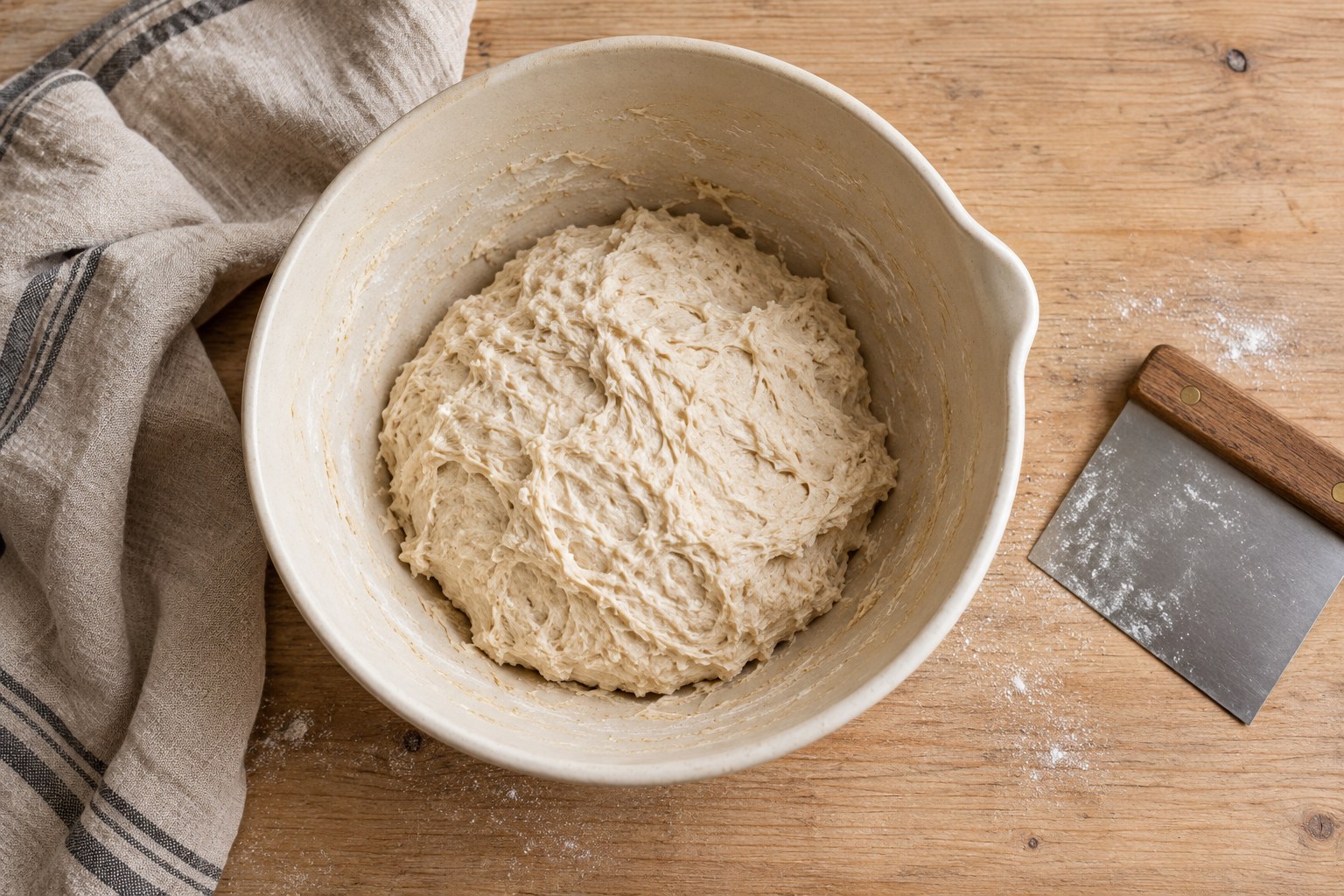 Freshly mixed sourdough dough resting in a clean mixing bowl