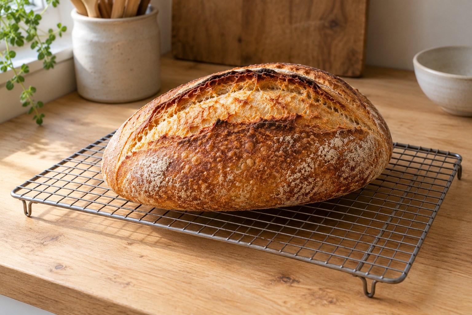 Freshly baked sourdough cooling whole on a wire rack