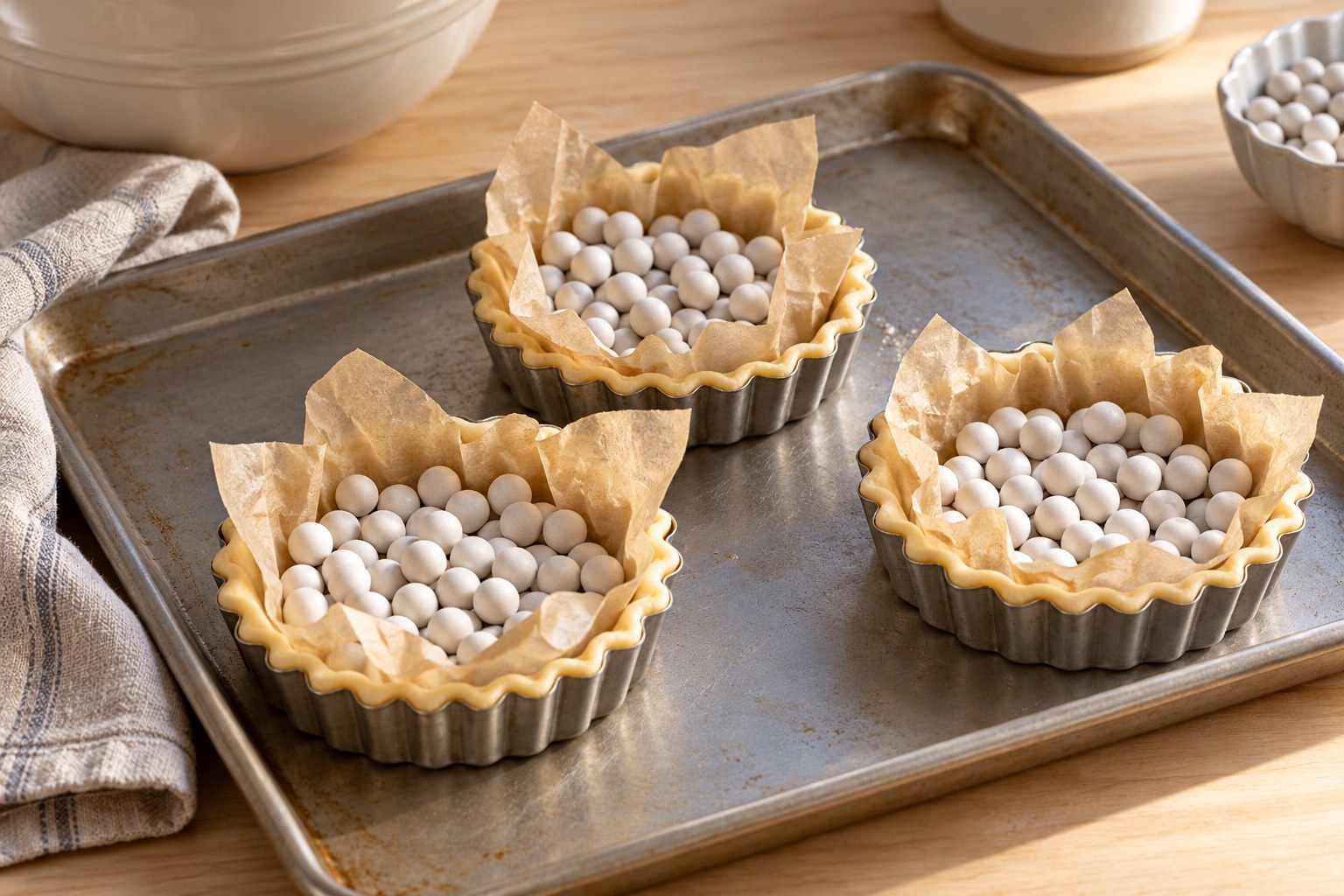 Mini tart shells lined with parchment and ceramic baking weights