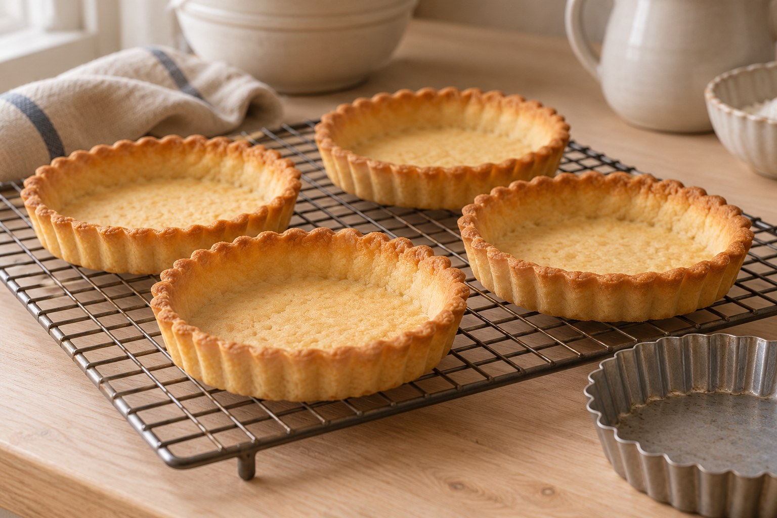 Fully baked empty mini tart shells cooling on a wire rack