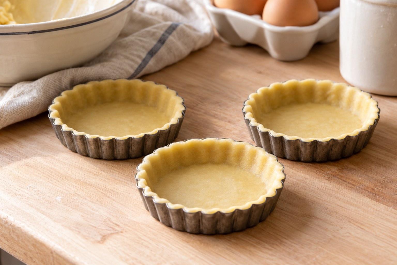 Mini tart tins neatly lined with raw sweet pastry