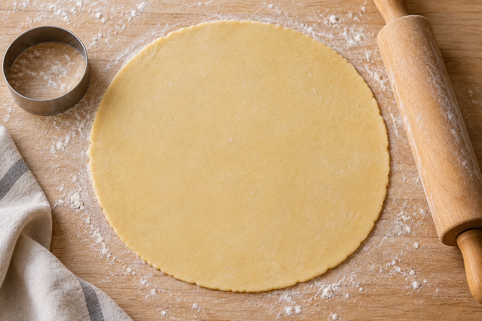 Sweet tart dough rolled evenly beside a wooden rolling pin