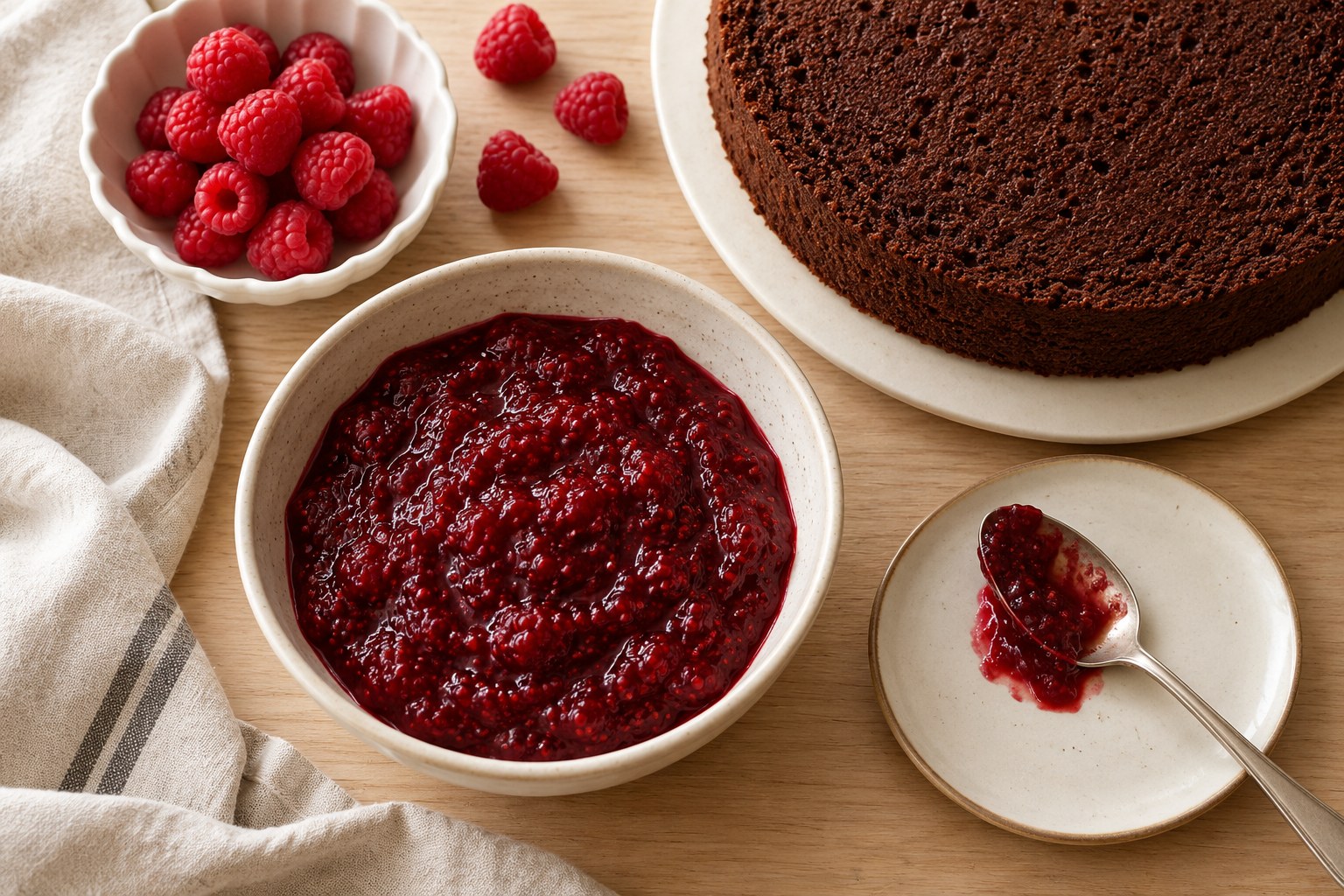 Thick raspberry cake filling in a bowl beside chocolate sponge