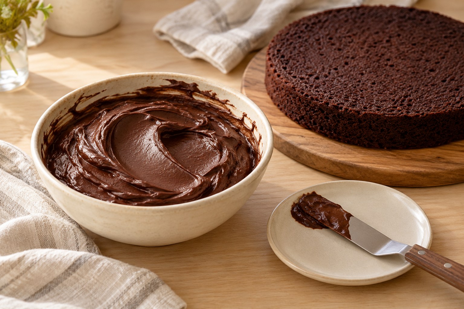 Thick spreadable chocolate ganache in a ceramic bowl