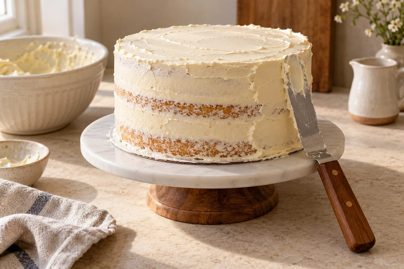 Offset spatula spreading a thin crumb coat on the side of a layer cake