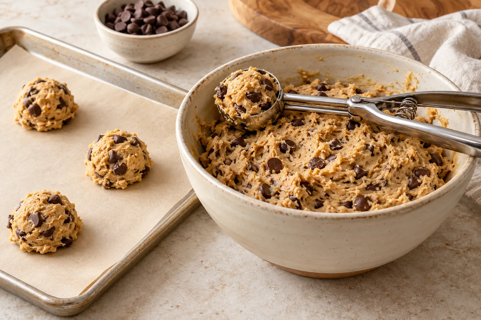 Equal portions of chocolate chip cookie dough beside a supported cookie scoop.