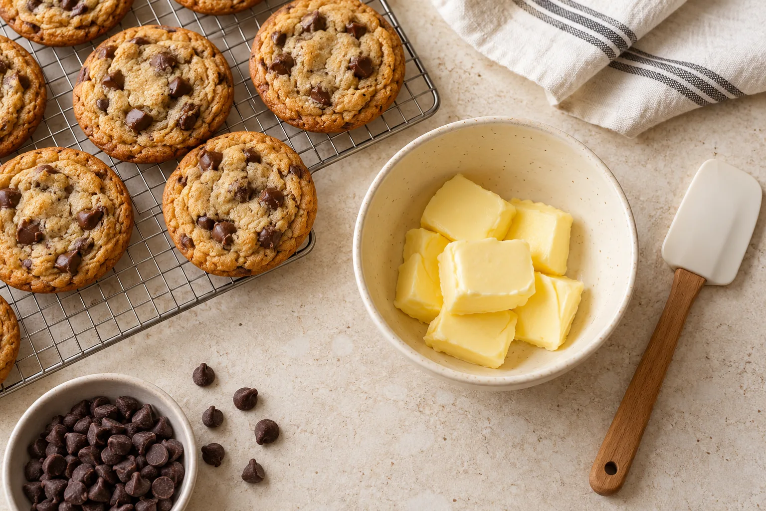 Softened butter in a ceramic bowl beside baked chocolate chip cookies.