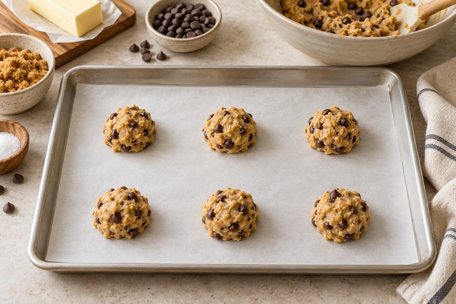 Six equal cookie dough mounds spaced on a parchment-lined light metal sheet.