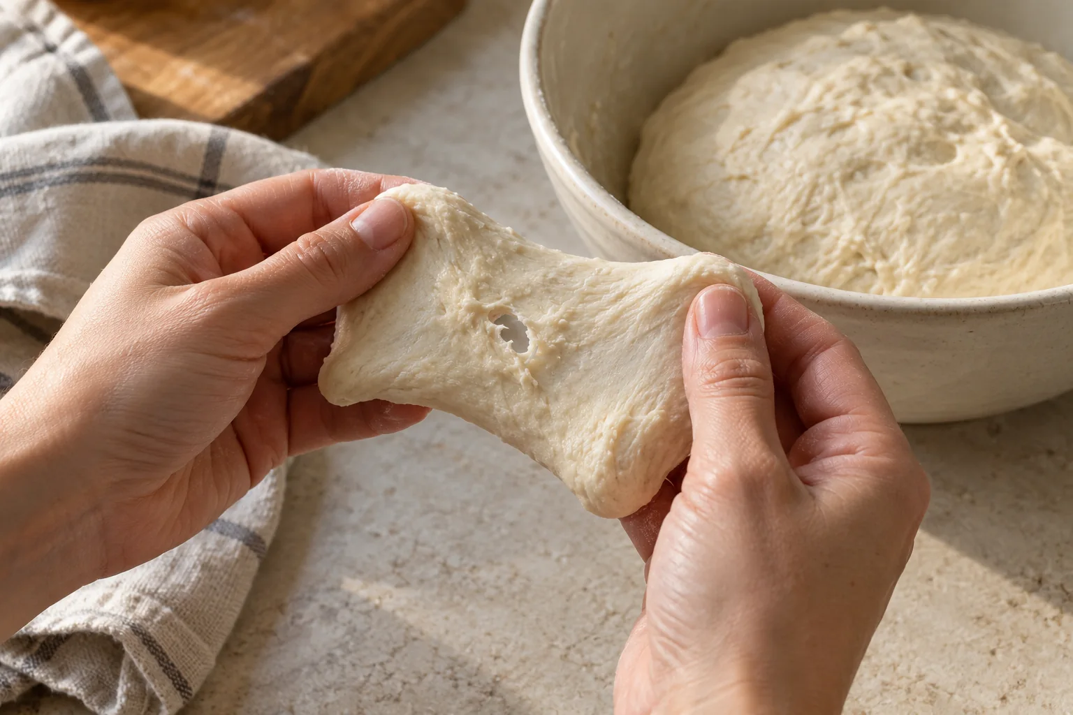 A thick bread dough sample develops a small tear before forming a thin windowpane