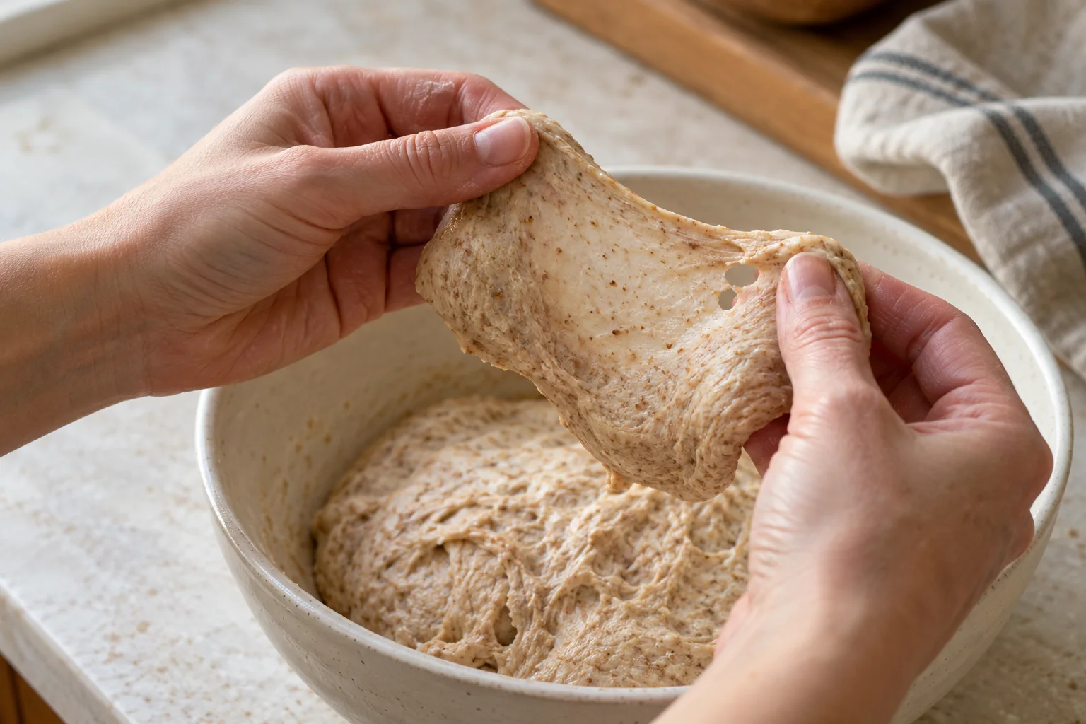 Whole-wheat dough with visible bran forms a modest stretched film with small tears