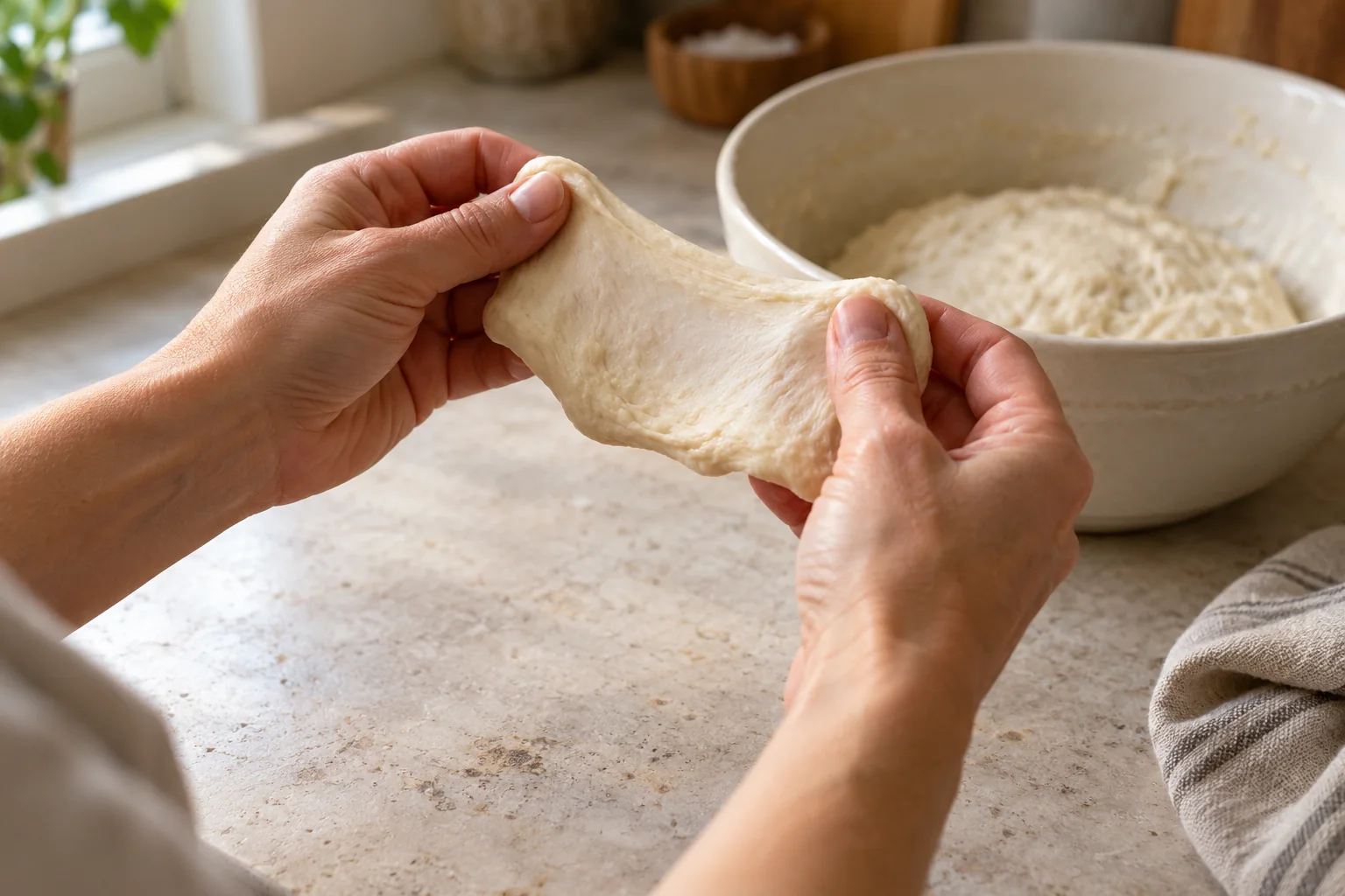 Fingertips gently ease a small piece of white bread dough outward before it becomes translucent