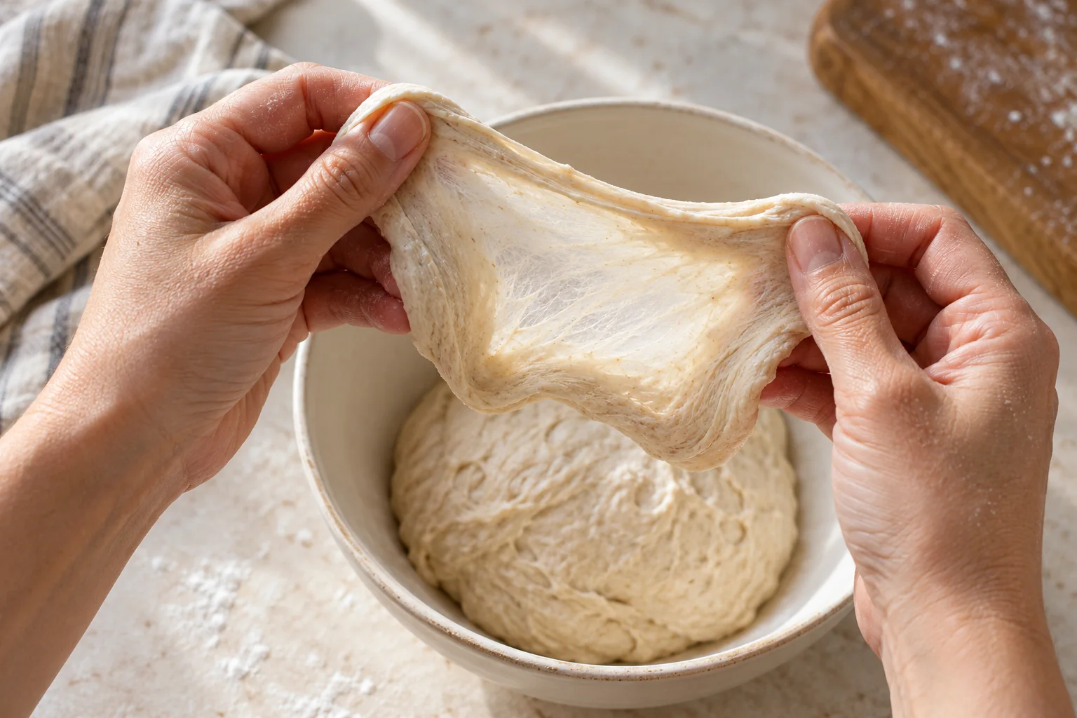 A small white bread dough sample forms a smooth translucent membrane between fingertips