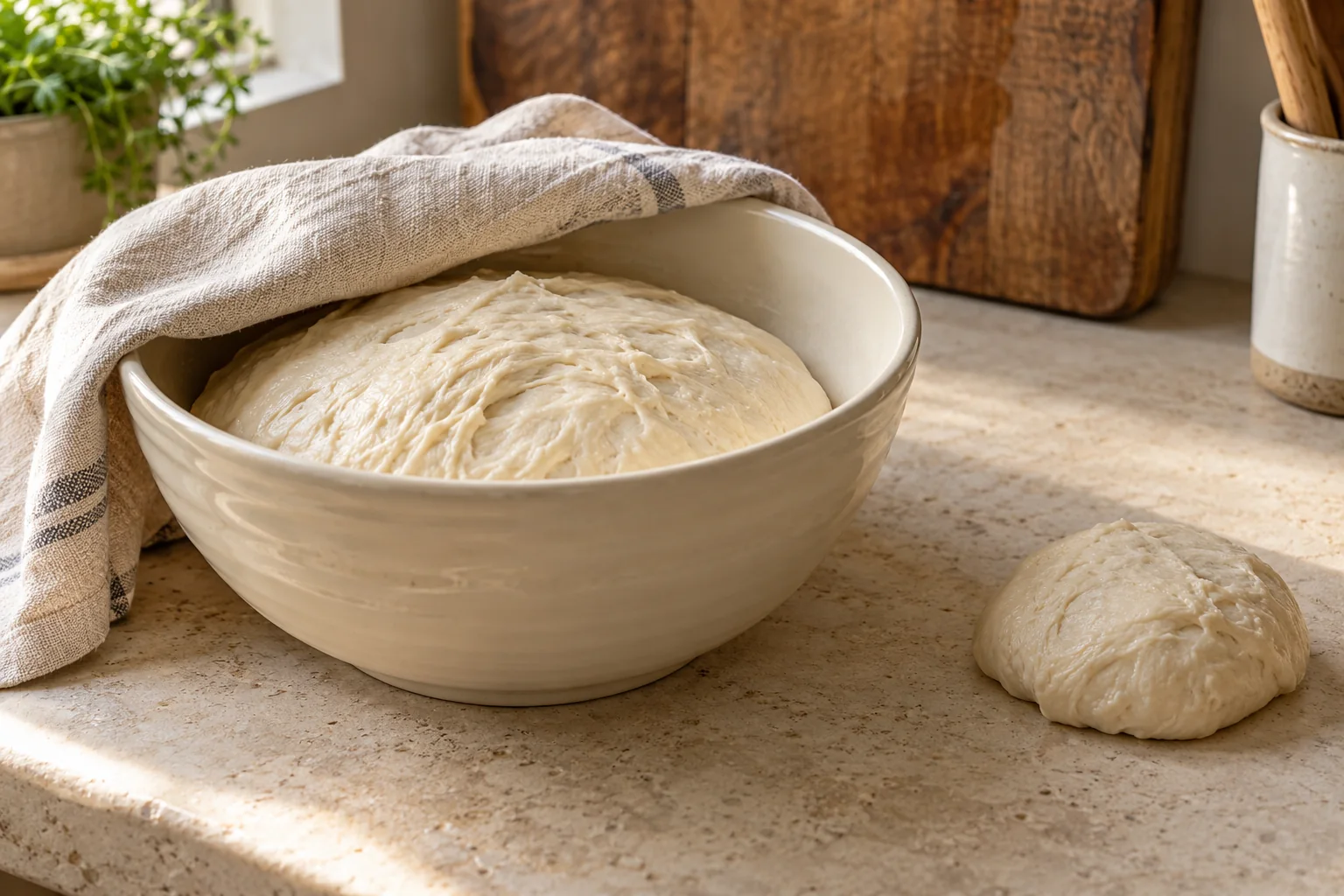 White bread dough rests in a covered ceramic bowl beside a small sample for testing