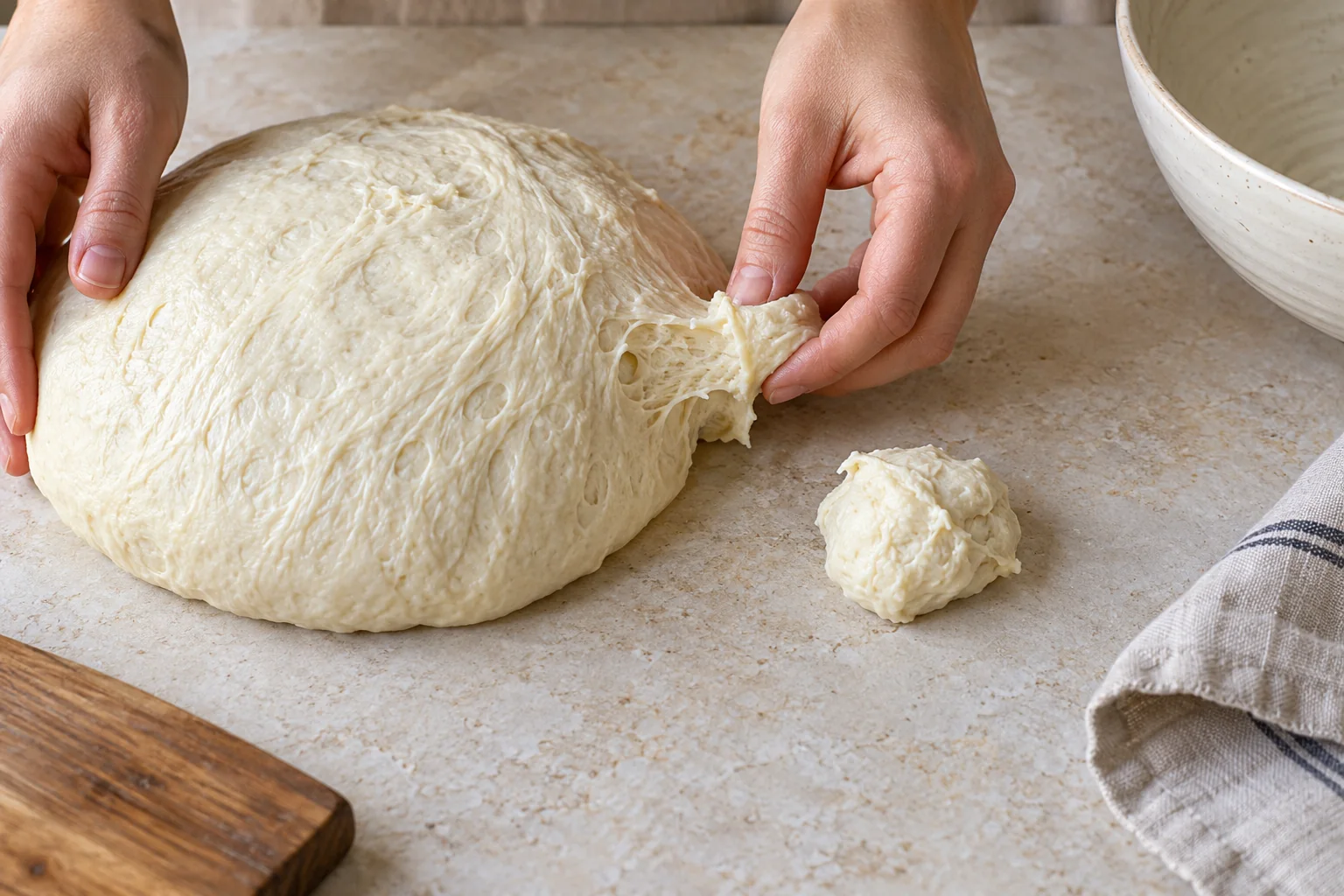 A small piece is pinched from a larger mass of hydrated bread dough for the windowpane test