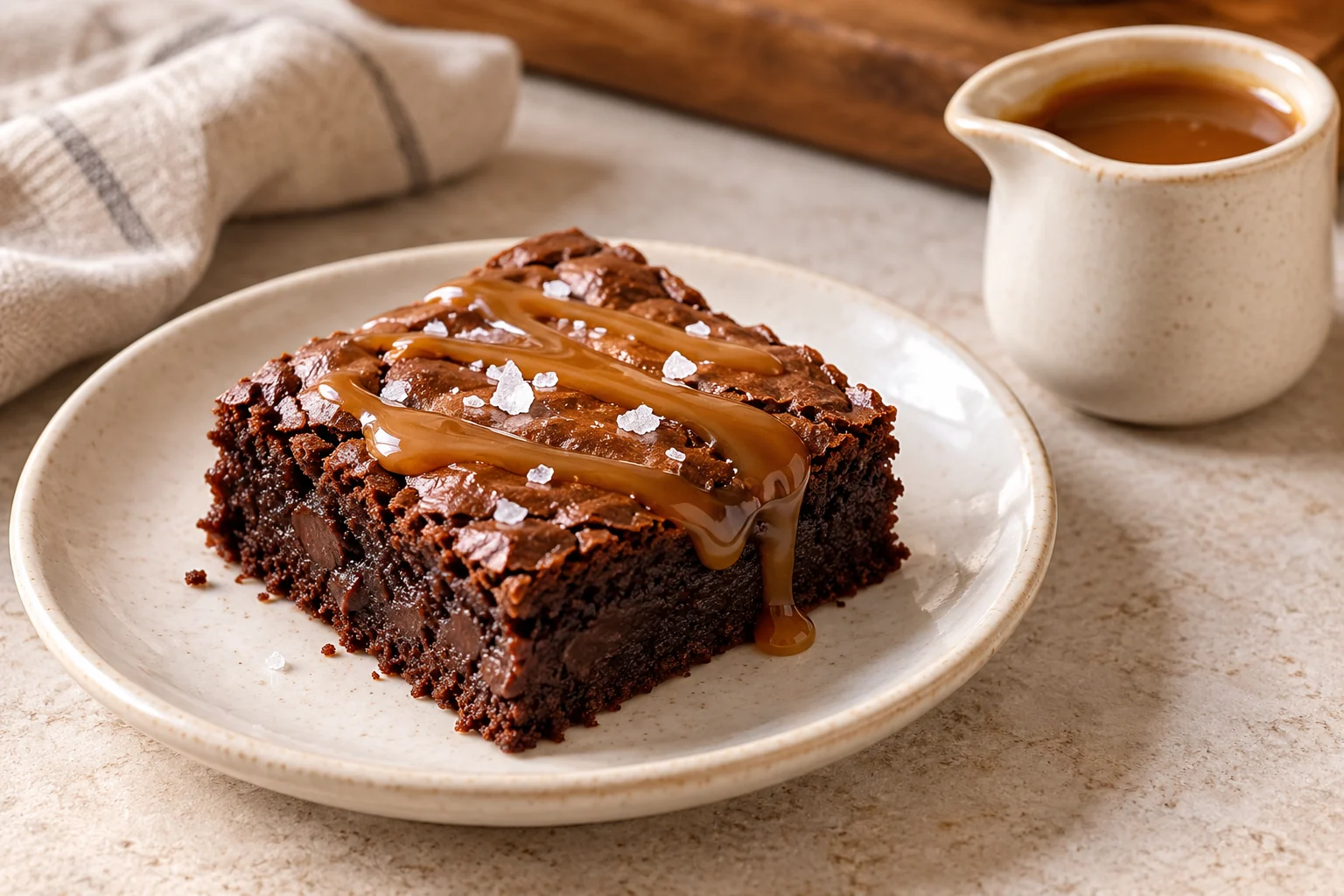 Fudgy brownie topped with a modest drizzle of salted caramel sauce.