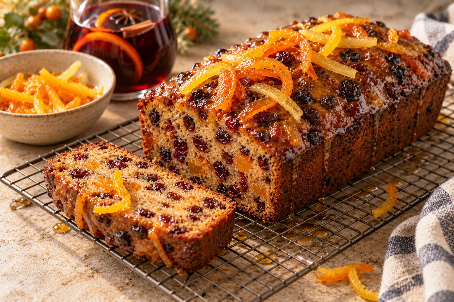 Finished glazed mulled wine fruit bread sliced to show the fruit-filled crumb