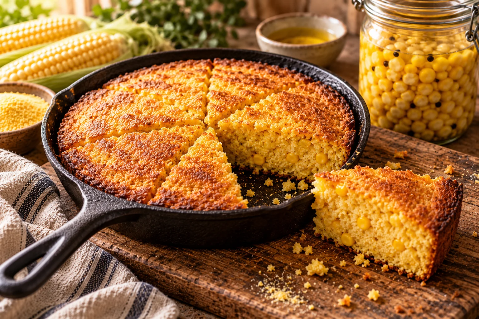 A rustic overhead shot of golden-brown cornbread slices arranged on a charred wooden board, with visible pockets of fermented corn creating colorful yellow bursts throughout. The moist, cakey texture is evident in the cross-section view, which reveals a perfect crumb structure glistening with rendered duck fat. Soft afternoon light casts gentle shadows, highlighting the craggy top surface with its beautiful caramelization. A small ramekin of whipped honey butter melts invitingly against a warm slice, while scattered corn kernels and a sprig of fresh thyme add visual context to the scene. The deep amber crust contrasts beautifully with the golden interior, showcasing the perfect balance of smokiness and richness that defines this elevated cornbread.