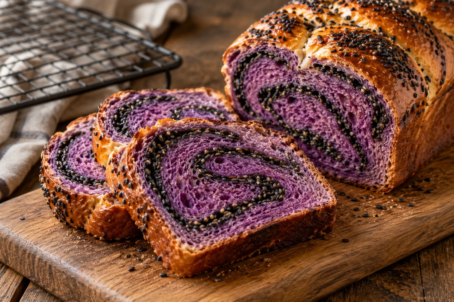 Overhead shot of a perfectly baked loaf with a dramatic purple-hued crumb sliced to reveal elegant black sesame swirls throughout. Close-up captures the tender, open crumb structure with a slight sheen from the koji fermentation, resting on a rustic wooden board dusted with flour. Natural morning light highlights the contrast between the deep purple sweet potato-infused dough and the striking black sesame filling. Scattered sweet potato chunks and black sesame seeds surround the base of the loaf, while steam gently rises from a freshly cut slice, emphasizing its warmth and tenderness.