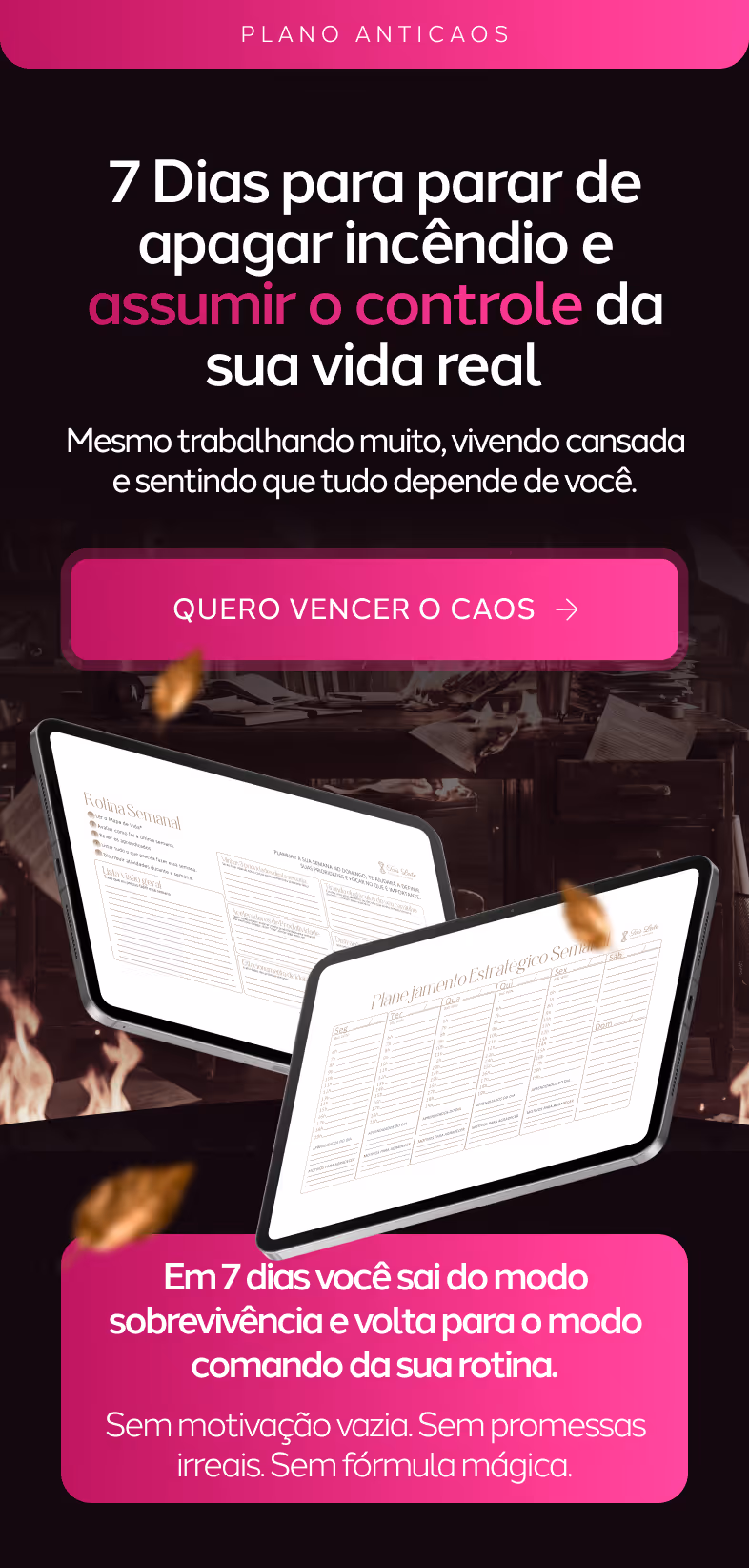 Promotional graphic with text about regaining control of life in 7 days, showing two digital tablets displaying weekly and strategic planning schedules.